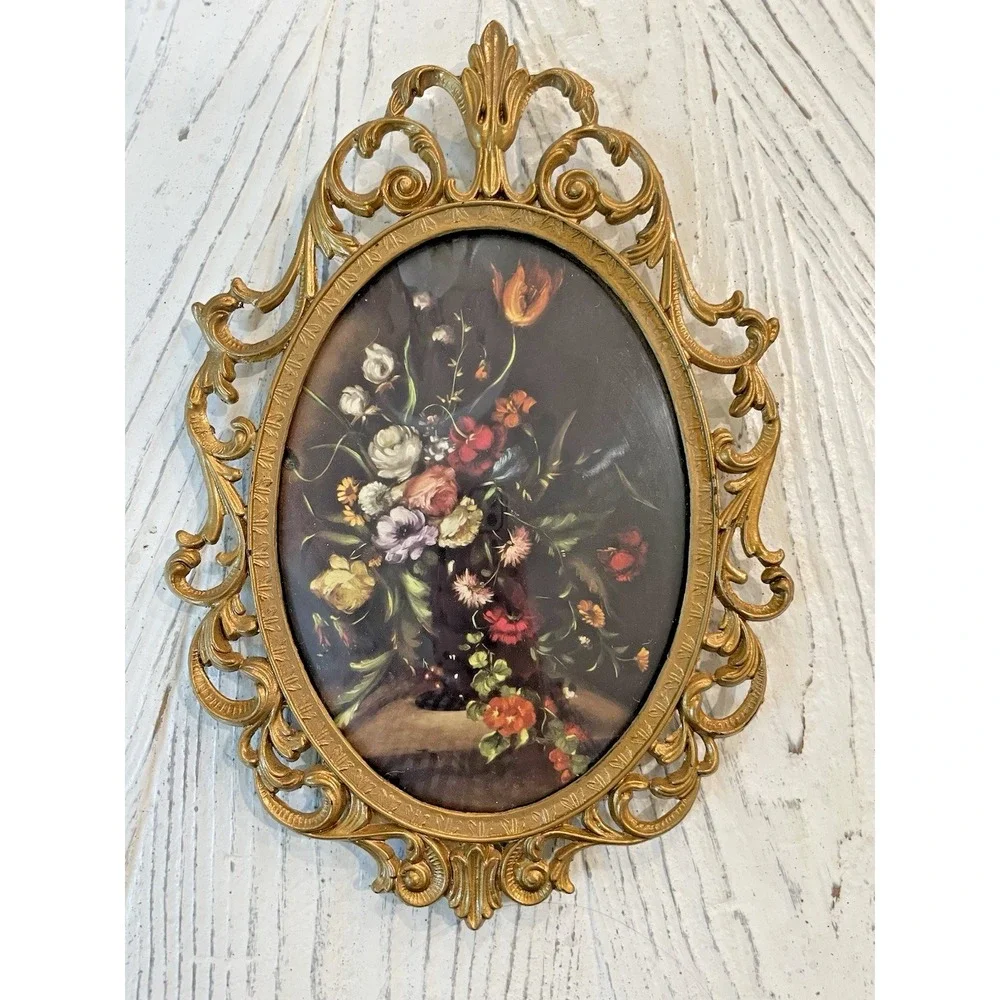 Pair (2) ‎ Vtg Italian Floral Print Ornate Brass Frame Convex Bubble Glass Italy